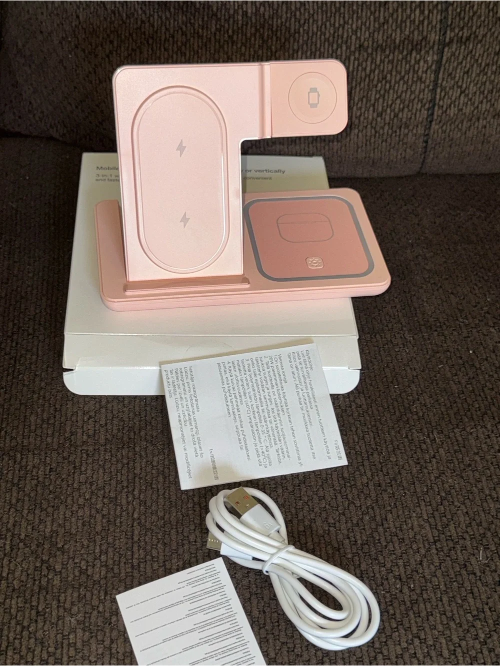 Apple 3-in-1 Wireless Charging Stand - Pink and White-Black
